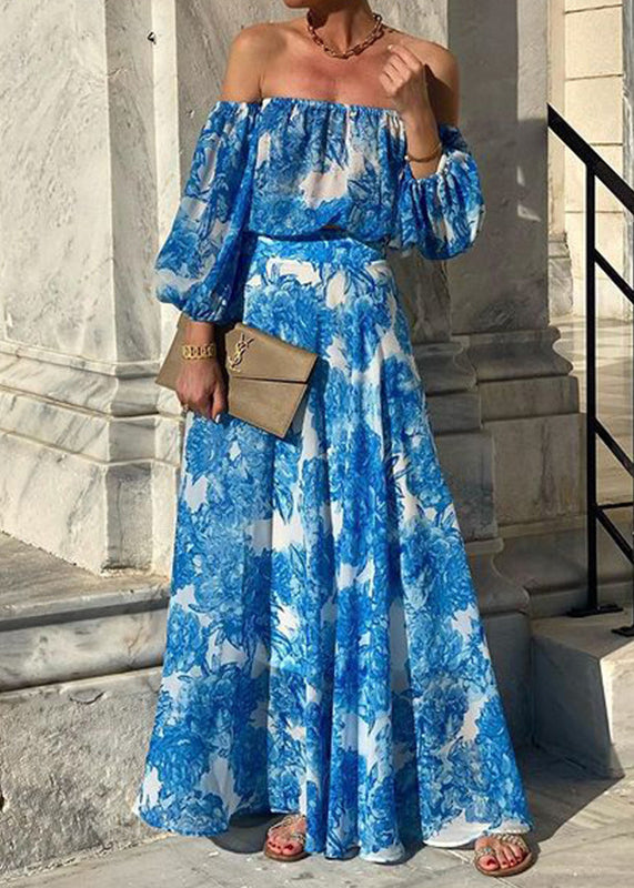 Chic Blue Slash Neck Print Cotton Dress Long Sleeve