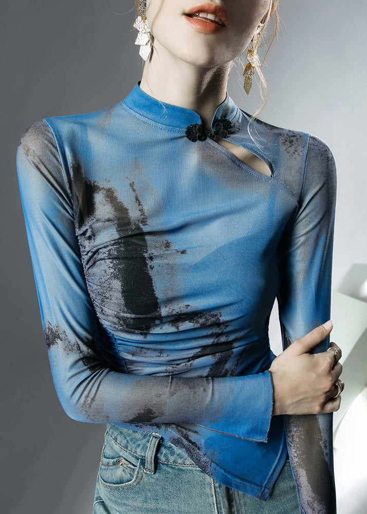 Chic Blue Stand Collar Asymmetrical Print Tulle Tops Fall