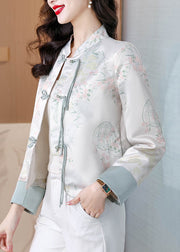 Chic Blue Stand Collar Print Button Silk Coats Fall