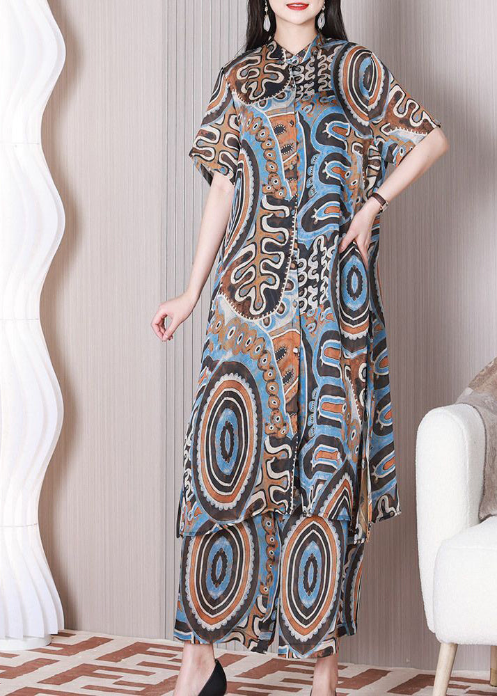 Chic Blue Stand Collar Print Silk Shirt Dress And Straight Pant Women Sets 2 Pieces Summer