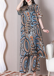 Chic Blue Stand Collar Print Silk Shirt Dress And Straight Pant Women Sets 2 Pieces Summer