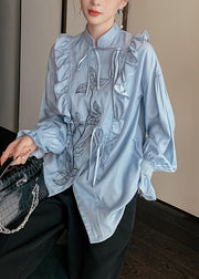 Chic Blue Stand Collar Ruffled Print Tie Waist Button Shirt Long Sleeve