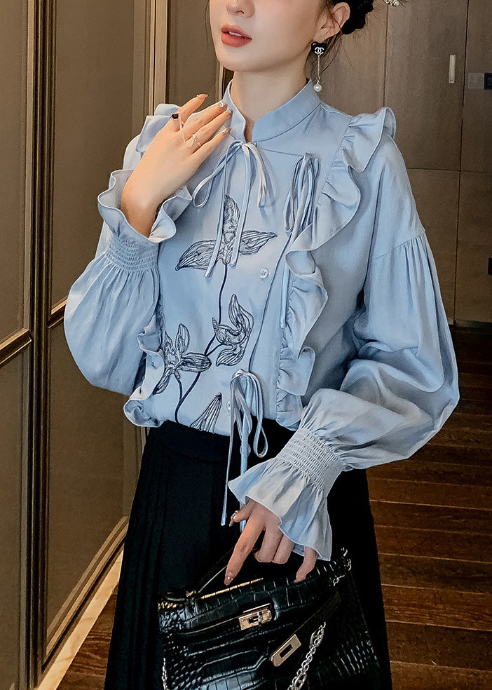 Chic Blue Stand Collar Ruffled Print Tie Waist Button Shirt Long Sleeve