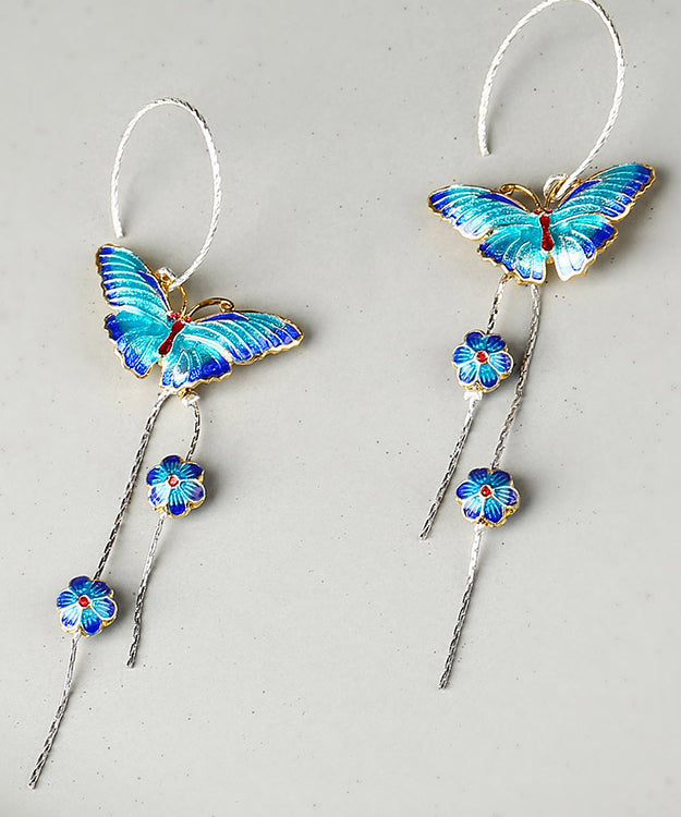 Chic Blue Sterling Silver Cloisonne Butterfly Floral Drop Earrings