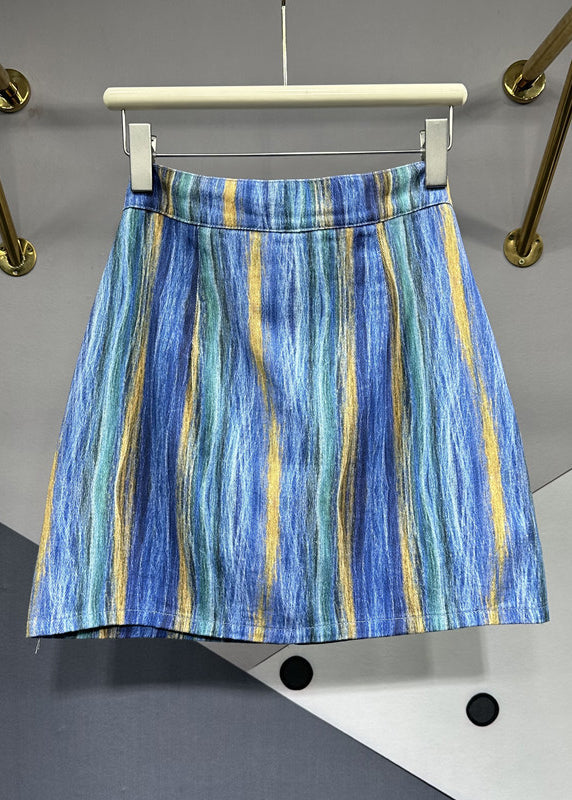 Chic Blue Striped Asymmetrical Pockets Patchwork Denim Skirts Summer