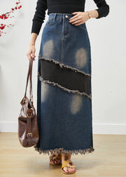 Chic Blue Tasseled Patchwork Denim Skirt Fall