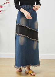 Chic Blue Tasseled Patchwork Denim Skirt Fall