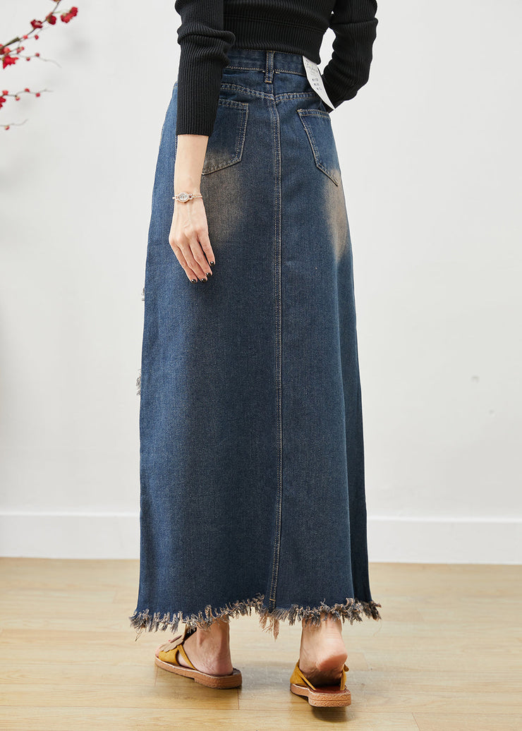 Chic Blue Tasseled Patchwork Denim Skirt Fall