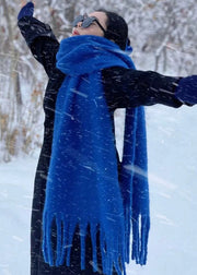 Chic Blue Tasseled Thick Warm Faux Cashmere Shawl