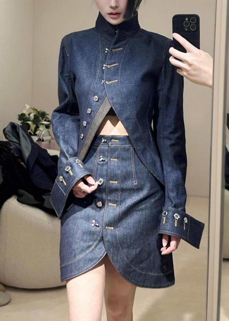 Chic Blue Turtleneck Asymmetrical Patchwork Denim Coats And Skirts Two Pieces Set Spring