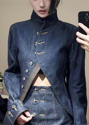 Chic Blue Turtleneck Asymmetrical Patchwork Denim Coats And Skirts Two Pieces Set Spring