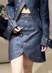 Chic Blue Turtleneck Asymmetrical Patchwork Denim Coats And Skirts Two Pieces Set Spring