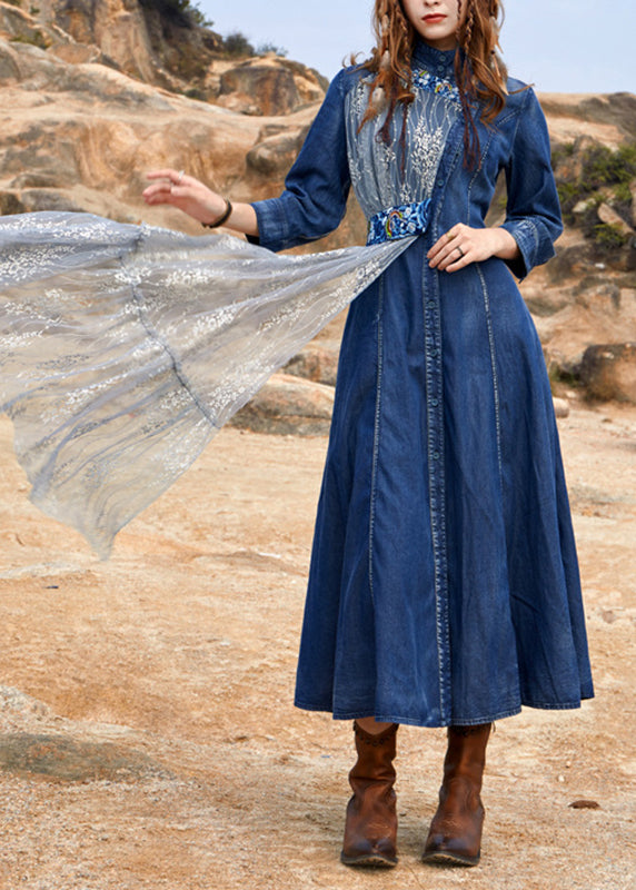 Chic Blue Turtleneck Asymmetrical Tulle Patchwork Long Denim Dress Spring