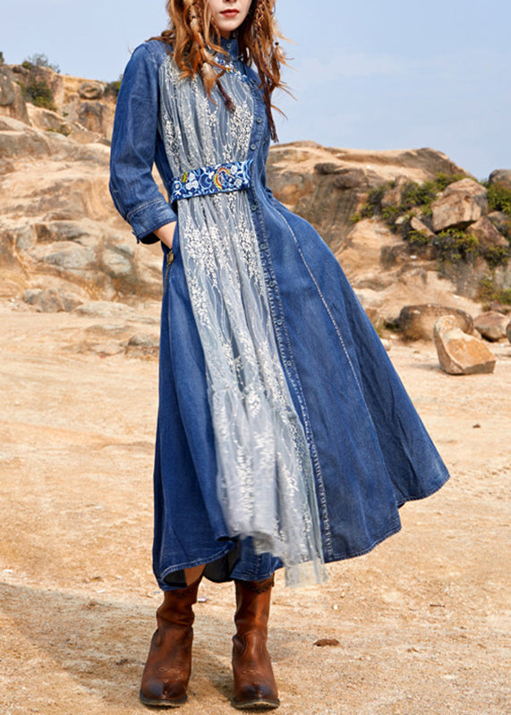 Chic Blue Turtleneck Asymmetrical Tulle Patchwork Long Denim Dress Spring