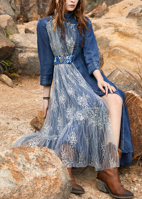 Chic Blue Turtleneck Asymmetrical Tulle Patchwork Long Denim Dress Spring