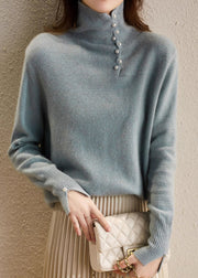 Chic Blue Turtleneck Pearl Patchwork Cozy Cotton Knit Sweater Spring