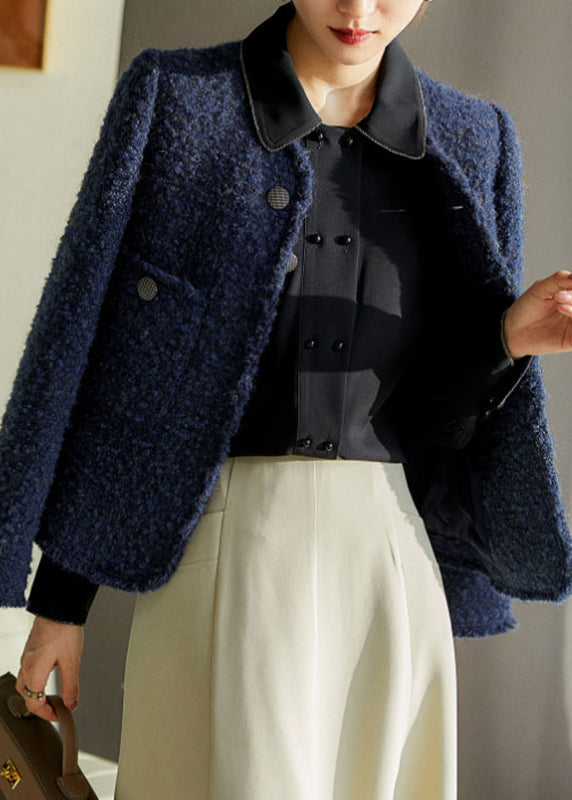 Chic Blue V Neck Button Pockets Ma Hai mao Coat Long Sleeve