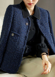 Chic Blue V Neck Button Pockets Ma Hai mao Coat Long Sleeve