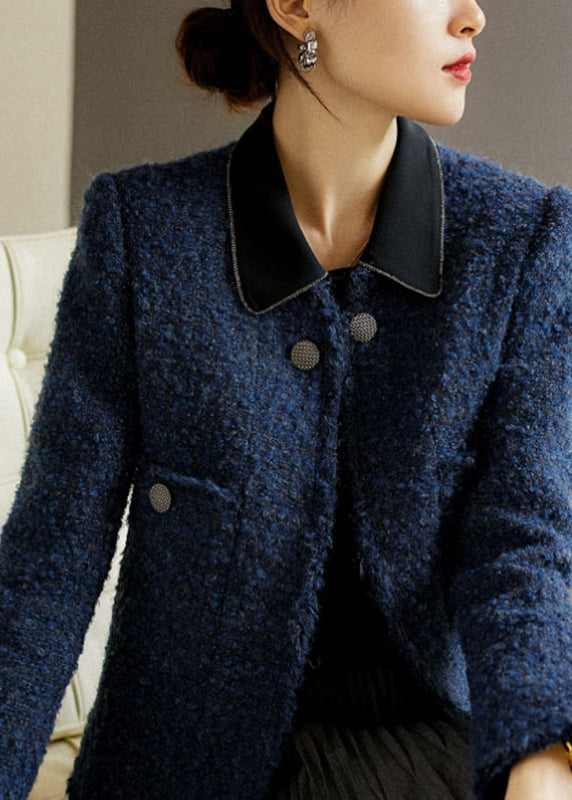 Chic Blue V Neck Button Pockets Ma Hai mao Coat Long Sleeve