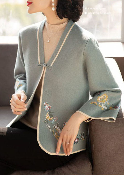 Chic Blue V Neck Embroideried Woolen Coats Long Sleeve