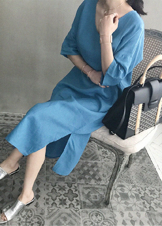 Chic Blue V Neck Patchwork Side Open Linen Maxi Dress Summer