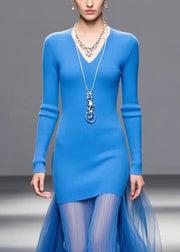 Chic Blue V Neck Patchwork Tulle Knitted Dress Fall