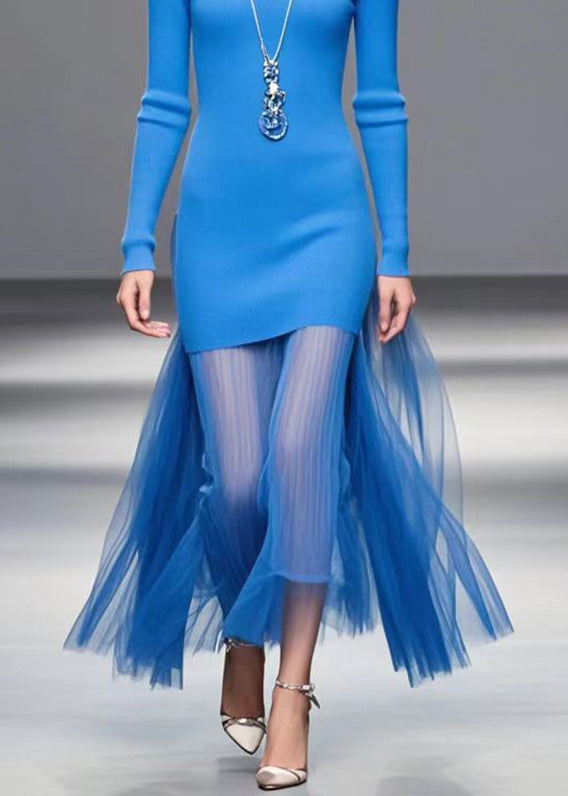 Chic Blue V Neck Patchwork Tulle Knitted Dress Fall