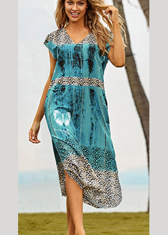 Chic Blue V Neck Print Side Open Maxi Beach Dresses Summer