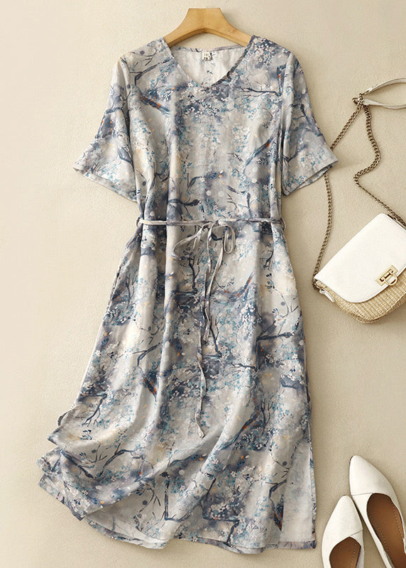 Chic Blue V Neck Print Tie Waist Cotton Dresses Summer