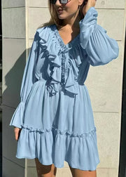 Chic Blue V Neck Ruffled Cotton Mid Dress Flare Sleeve