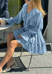 Chic Blue V Neck Ruffled Cotton Mid Dress Flare Sleeve