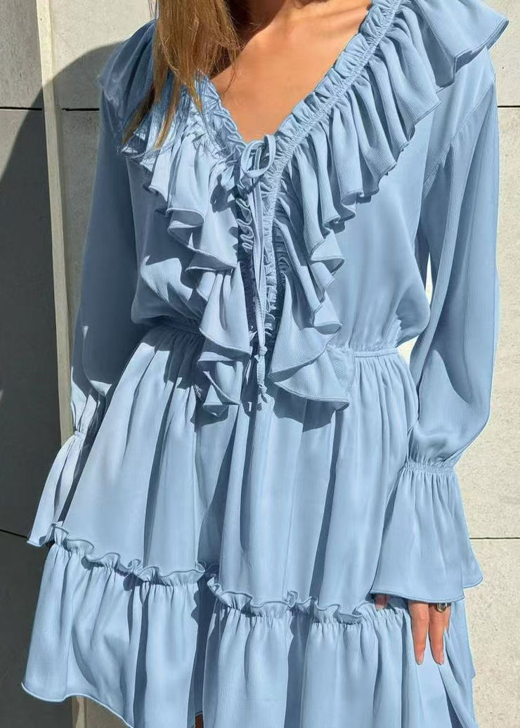 Chic Blue V Neck Ruffled Cotton Mid Dress Flare Sleeve