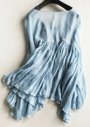 Chic Blue Wrinkled Chiffon Shirt And Spaghetti Strap Two Pieces Set Lantern Sleeve