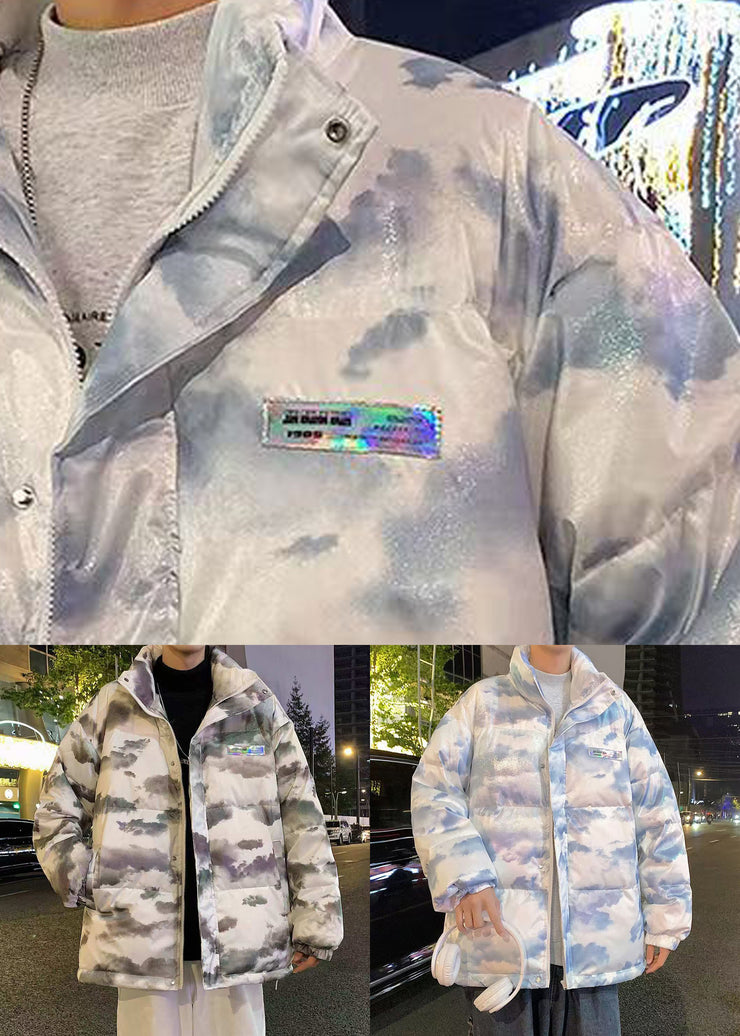 Chic Blue Zip Up Tie Dye Duck Down Men Down Coat Winter