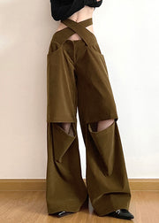 Chic Brown Hollow Out Pockets Cotton Wide Leg Pants Fall