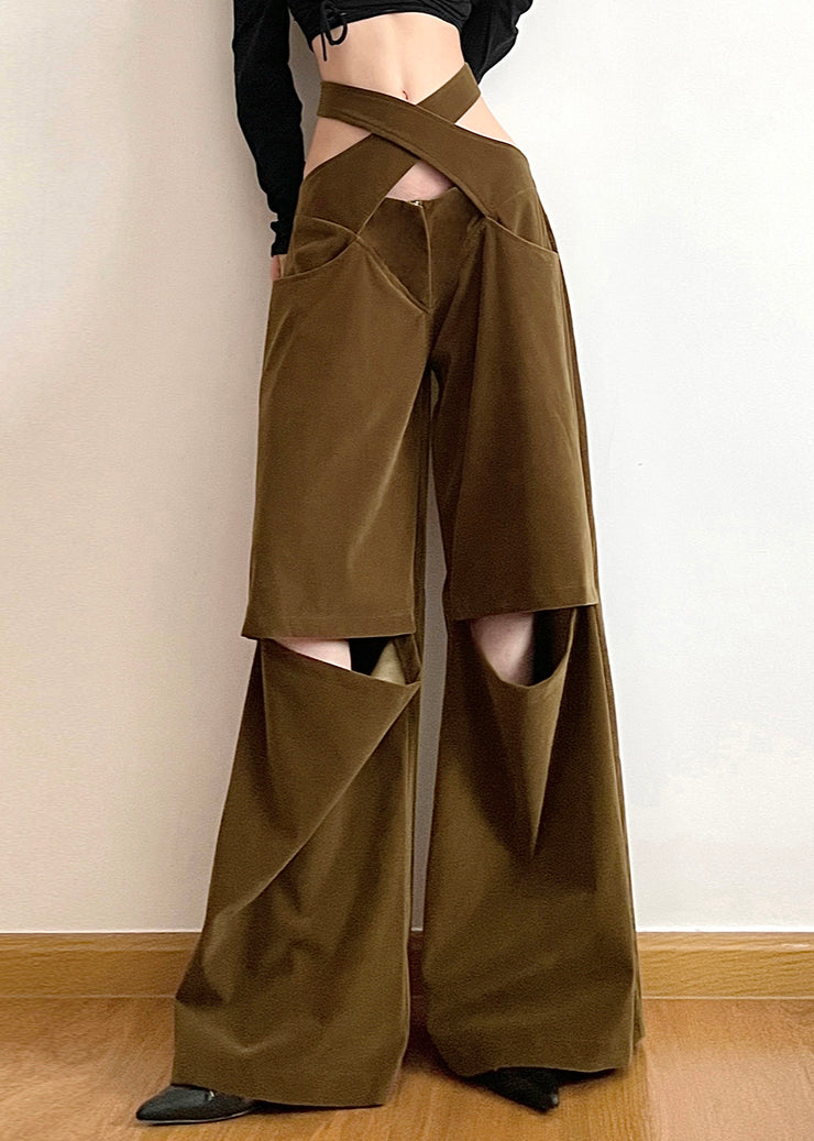Chic Brown Hollow Out Pockets Cotton Wide Leg Pants Fall