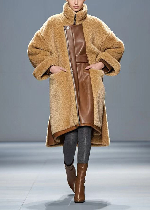 Chic Brown Oversized PU Patchwork Warm Fleece Trench Winter