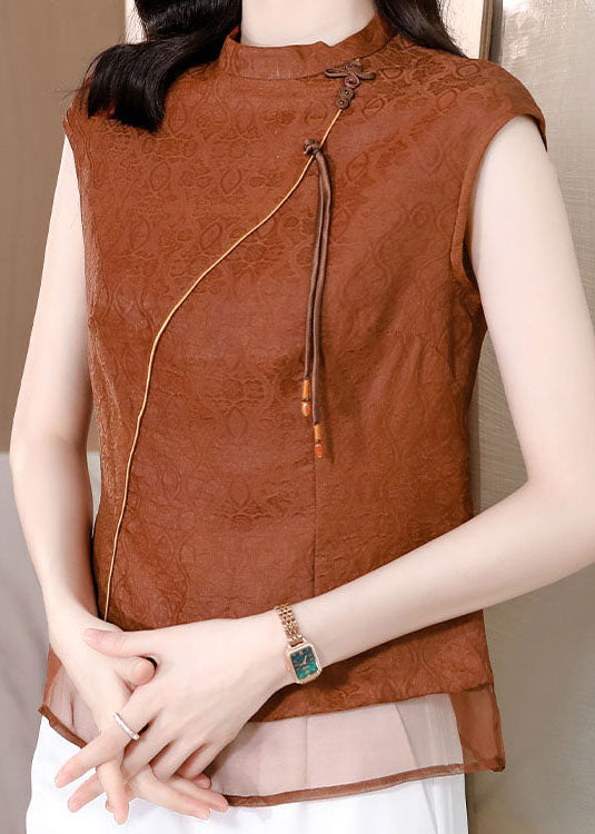 Chic Brown Tasseled Patchwork Jacquard Silk Shirt Sleeveless