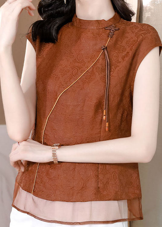 Chic Brown Tasseled Patchwork Jacquard Silk Shirt Sleeveless