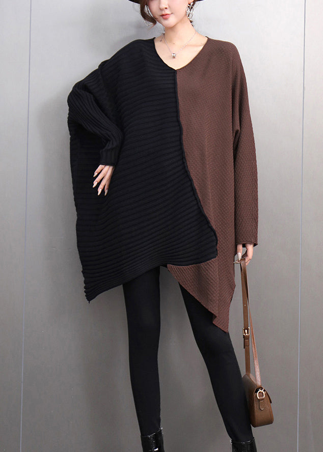 Chic Brown V Neck Asymmetrical Thick Cotton Knitted Sweater Tops Winter