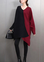 Chic Brown V Neck Asymmetrical Thick Cotton Knitted Sweater Tops Winter