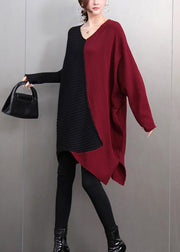 Chic Brown V Neck Asymmetrical Thick Cotton Knitted Sweater Tops Winter