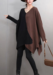 Chic Brown V Neck Asymmetrical Thick Cotton Knitted Sweater Tops Winter