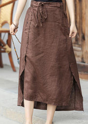 Chic Brown elastic waist tie waist Asymmetrical Pockets Linen Skirt Spring