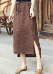 Chic Brown elastic waist tie waist Asymmetrical Pockets Linen Skirt Spring