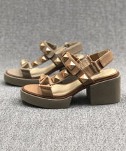 Chic Camel Rivet Chunky Cowhide Leather Sandals