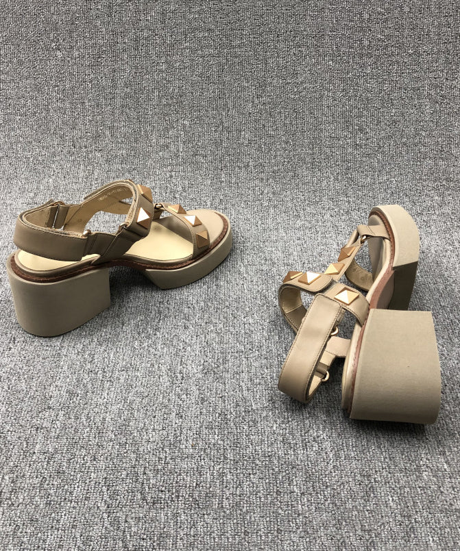 Chic Camel Rivet Chunky Cowhide Leather Sandals