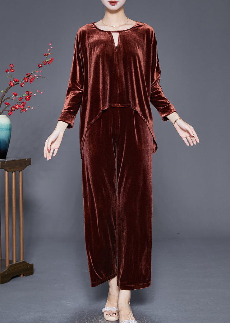 Chic Caramel O-Neck Low High Design Silk Velour Two Piece Set Women Clothing Fall