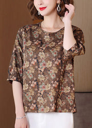 Chic Caramel O Neck Print Patchwork Silk Shirts Half Sleeve