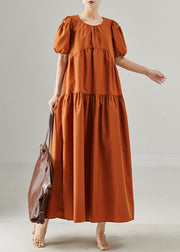 Chic Caramel Oversized Patchwork Cotton Long Dresses Puff Sleeve